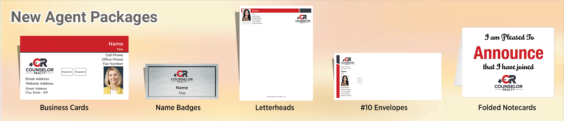 Counselor Realty Real Estate Gold, Silver and Bronze Agent Packages - Counselor Realty approved vendor personalized business cards, letterhead, envelopes and note cards | BestPrintBuy.com