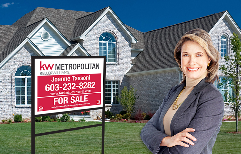 A successful real estate agent beside their Keller Williams sign made by BestPrintBuy