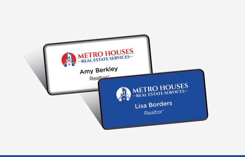 Metro Houses Real Estate Services Real Estate Domed Rectangle Name Badge | BestPrintBuy.com